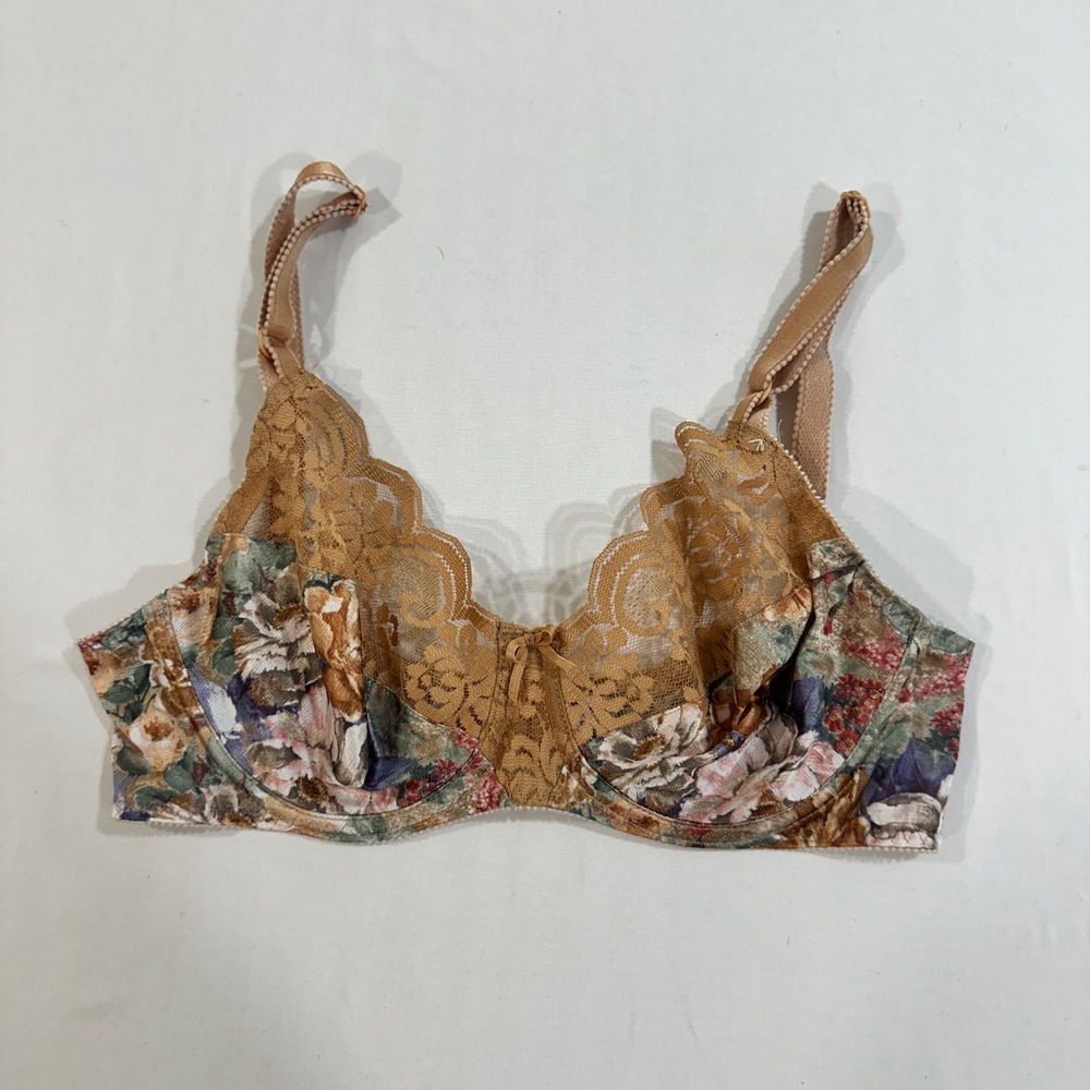JCPenney Fantasia Vintage Floral Lace Underwire Bra Women 34C Tan Brown Earthy